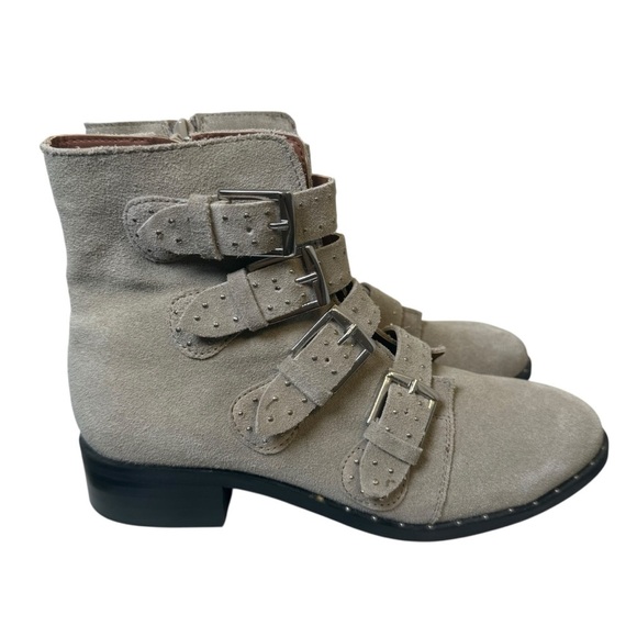 Black Suede Studio Tan Suede Layla Bootie Size 8.5 Studded Buckles Neutral - Picture 1 of 7